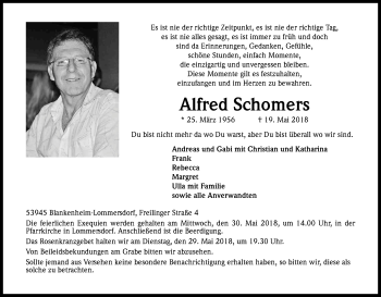 Anzeige von Alfred Schomers von Kölner Stadt-Anzeiger / Kölnische Rundschau / Express
