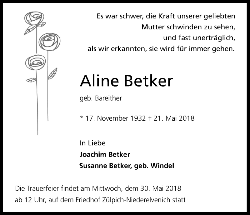  Traueranzeige für Aline Betker vom 25.05.2018 aus Kölner Stadt-Anzeiger / Kölnische Rundschau / Express