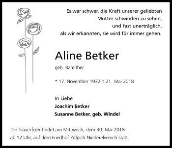 Anzeige von Aline Betker von Kölner Stadt-Anzeiger / Kölnische Rundschau / Express