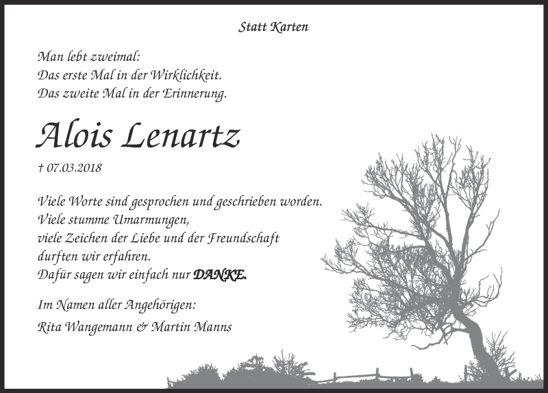 Traueranzeige für Alois Lenartz vom 09.05.2018 aus  Kölner Wochenspiegel 