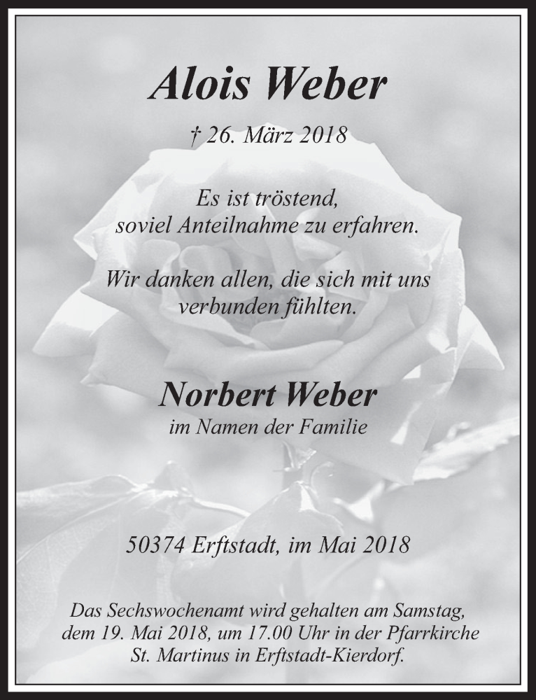  Traueranzeige für Alois Weber vom 09.05.2018 aus  Werbepost 