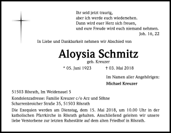 Anzeige von Aloysia Schmitz von Kölner Stadt-Anzeiger / Kölnische Rundschau / Express