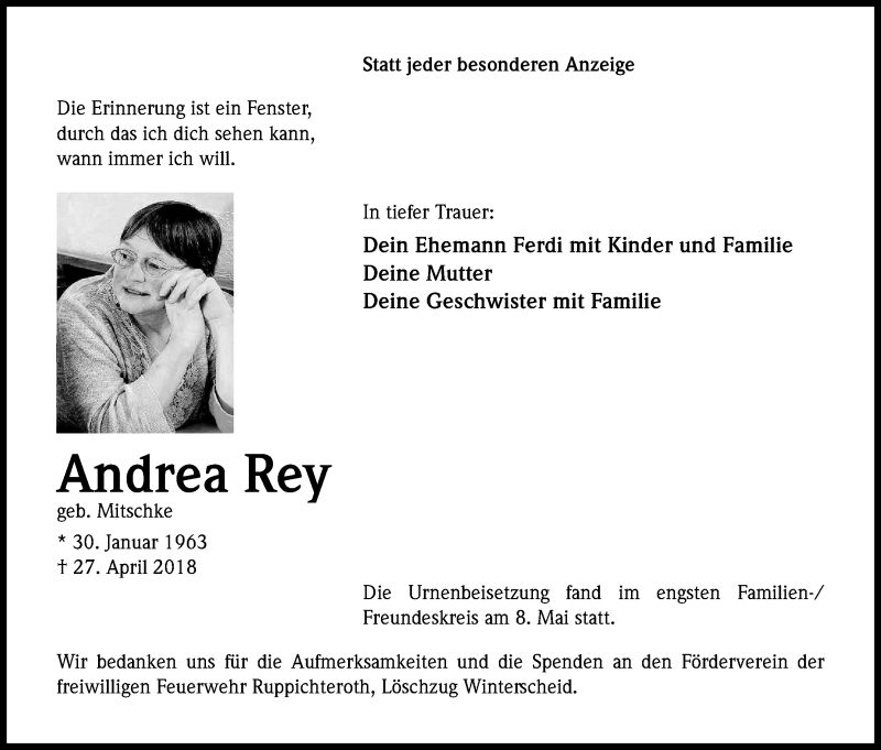  Traueranzeige für Andrea Rey vom 19.05.2018 aus Kölner Stadt-Anzeiger / Kölnische Rundschau / Express