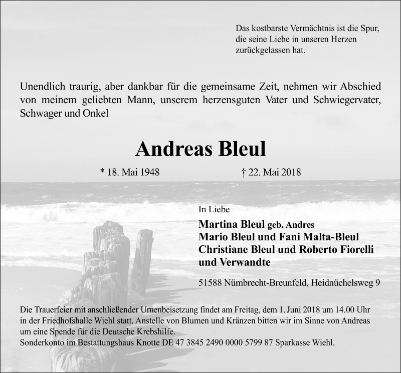  Traueranzeige für Andreas Bleul vom 30.05.2018 aus  Lokalanzeiger 
