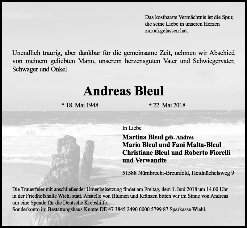  Traueranzeige für Andreas Bleul vom 26.05.2018 aus Kölner Stadt-Anzeiger / Kölnische Rundschau / Express