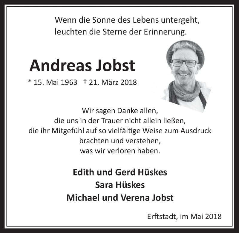  Traueranzeige für Andreas Jobst vom 16.05.2018 aus  Werbepost 
