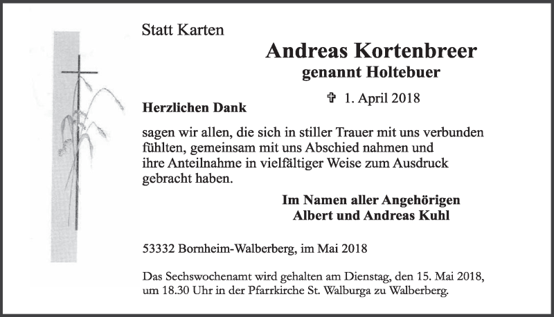  Traueranzeige für Andreas Kortenbreer vom 09.05.2018 aus  Schlossbote/Werbekurier 