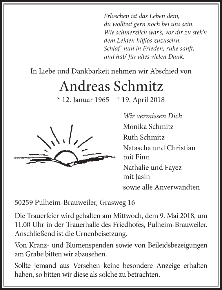  Traueranzeige für Andreas Schmitz vom 05.05.2018 aus  Sonntags-Post 