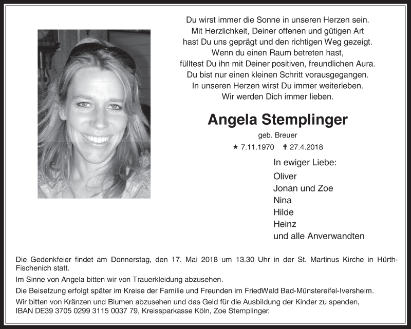  Traueranzeige für Angela Stemplinger vom 09.05.2018 aus  Wochenende 