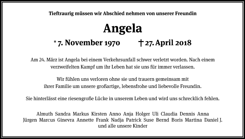  Traueranzeige für Angela Stemplinger vom 12.05.2018 aus Kölner Stadt-Anzeiger / Kölnische Rundschau / Express
