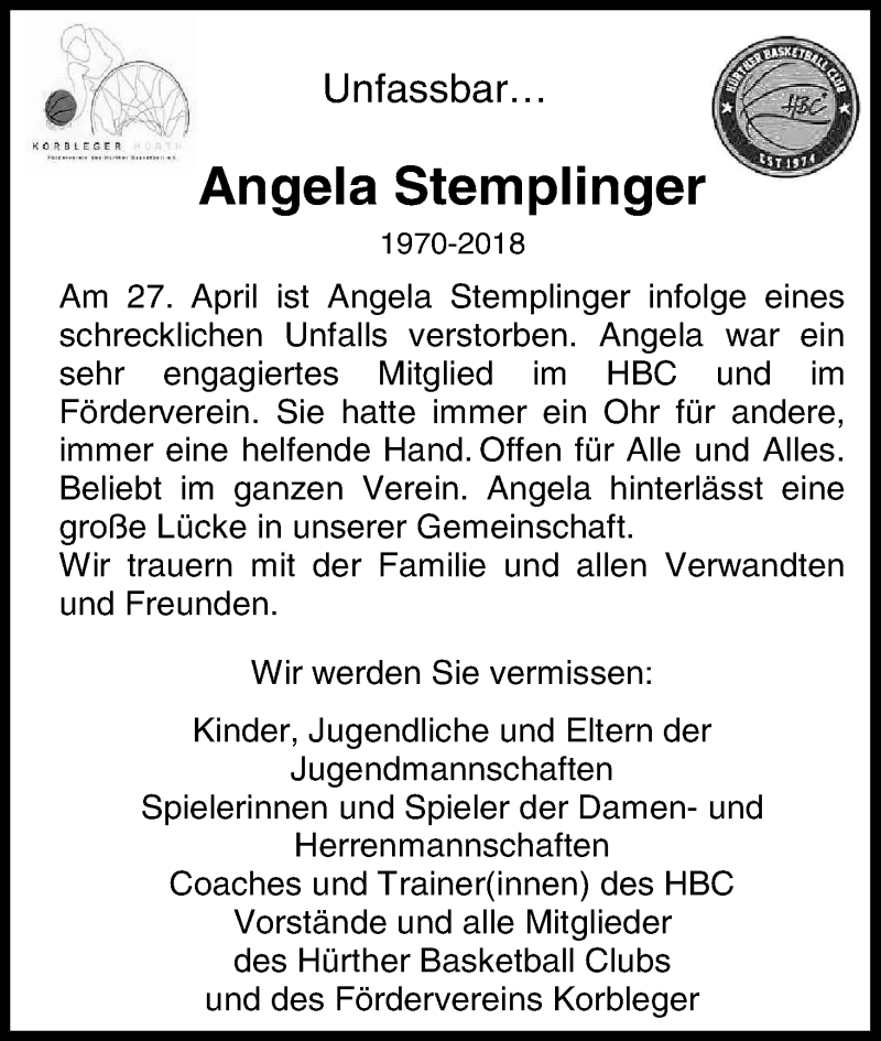  Traueranzeige für Angela Stemplinger vom 12.05.2018 aus Kölner Stadt-Anzeiger / Kölnische Rundschau / Express