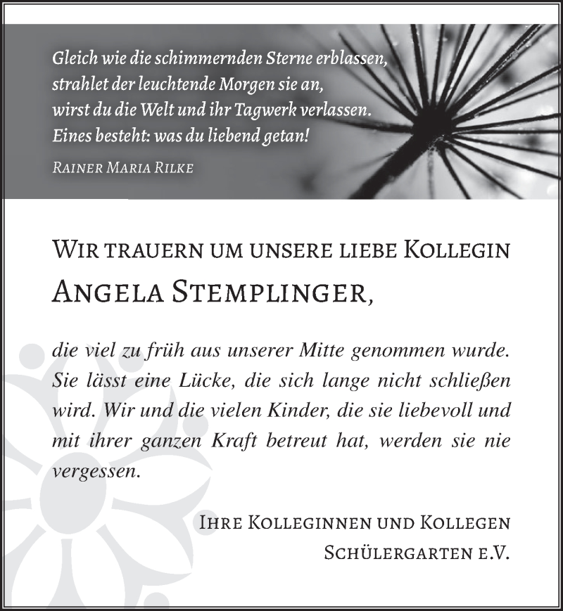  Traueranzeige für Angela Stemplinger vom 09.05.2018 aus  Wochenende 