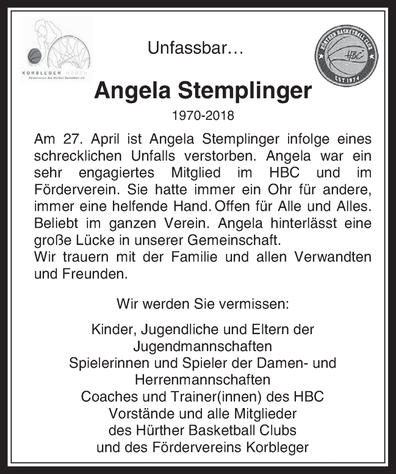  Traueranzeige für Angela Stemplinger vom 09.05.2018 aus  Wochenende 