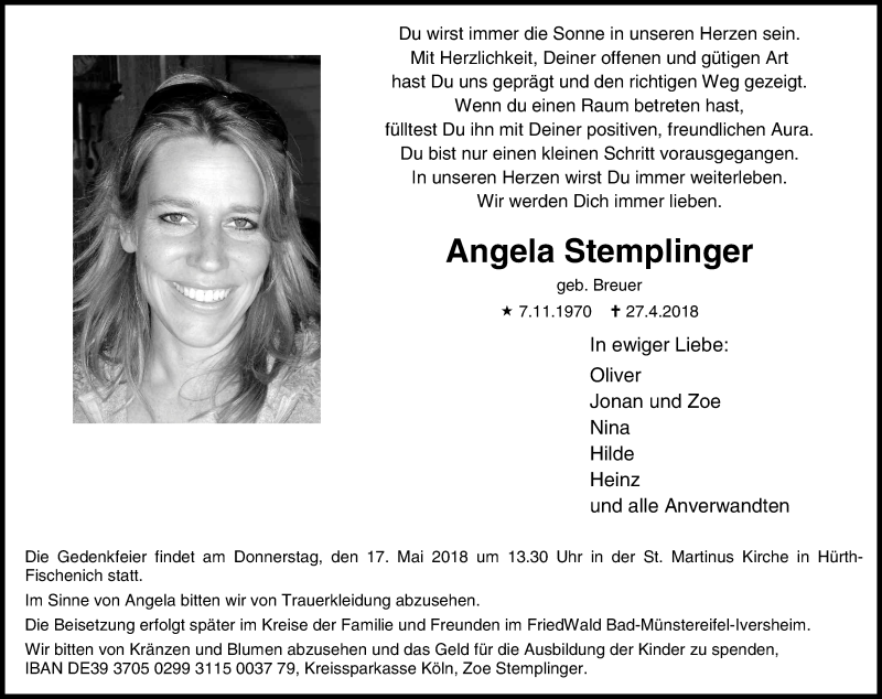  Traueranzeige für Angela Stemplinger vom 12.05.2018 aus Kölner Stadt-Anzeiger / Kölnische Rundschau / Express