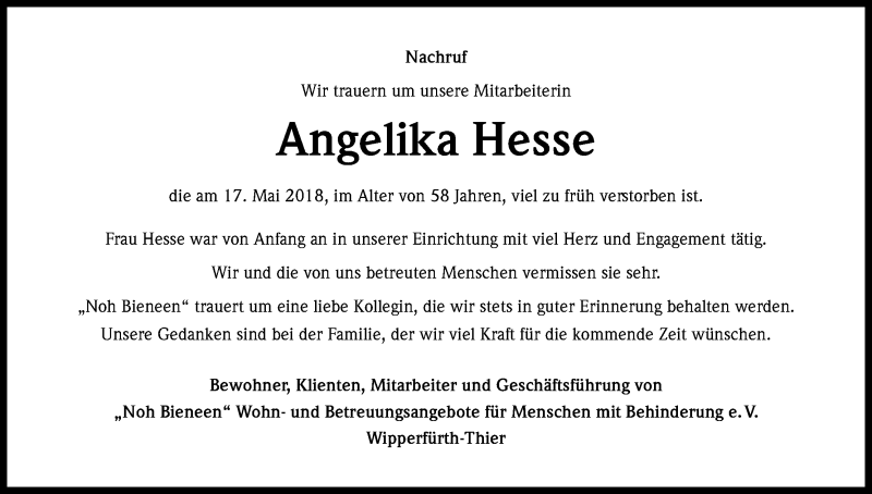 Traueranzeige für Angelika Hesse vom 26.05.2018 aus Kölner Stadt-Anzeiger / Kölnische Rundschau / Express