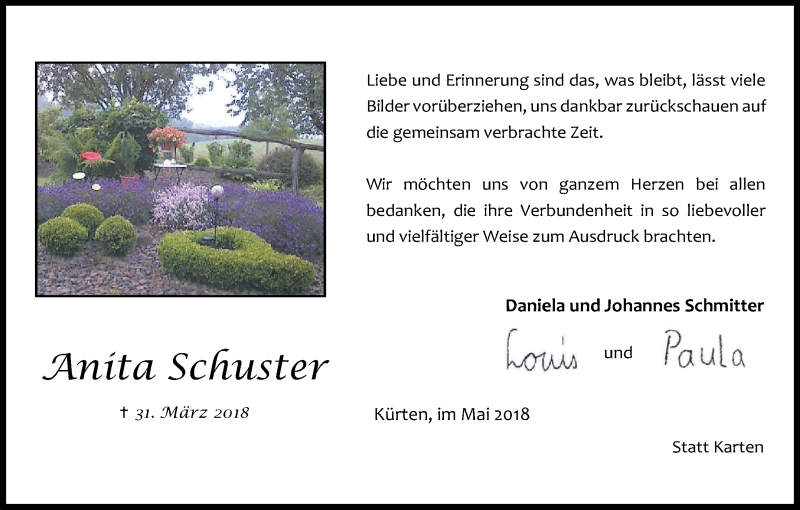  Traueranzeige für Anita Schuster vom 12.05.2018 aus Kölner Stadt-Anzeiger / Kölnische Rundschau / Express
