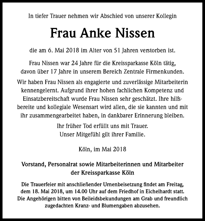  Traueranzeige für Anke Nissen vom 16.05.2018 aus Kölner Stadt-Anzeiger / Kölnische Rundschau / Express