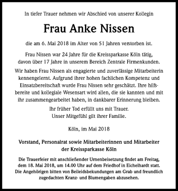 Anzeige von Anke Nissen von Kölner Stadt-Anzeiger / Kölnische Rundschau / Express