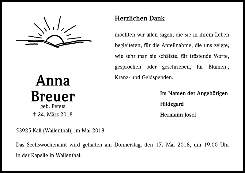  Traueranzeige für Anna Breuer vom 12.05.2018 aus Kölner Stadt-Anzeiger / Kölnische Rundschau / Express