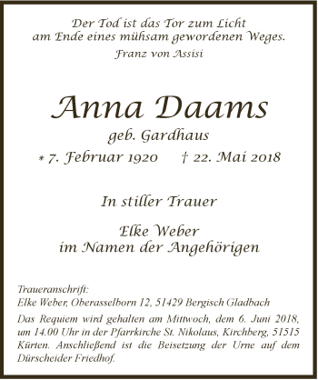 Anzeige von Anna Daams von  Bergisches Handelsblatt 