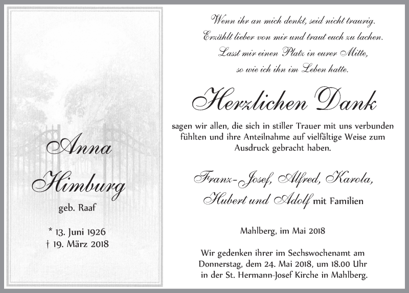  Traueranzeige für Anna Himburg vom 12.05.2018 aus  Blickpunkt Euskirchen 