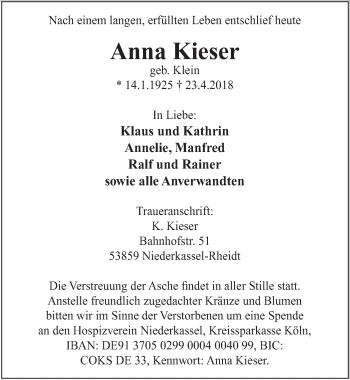 Anzeige von Anna Kieser von  Extra Blatt 