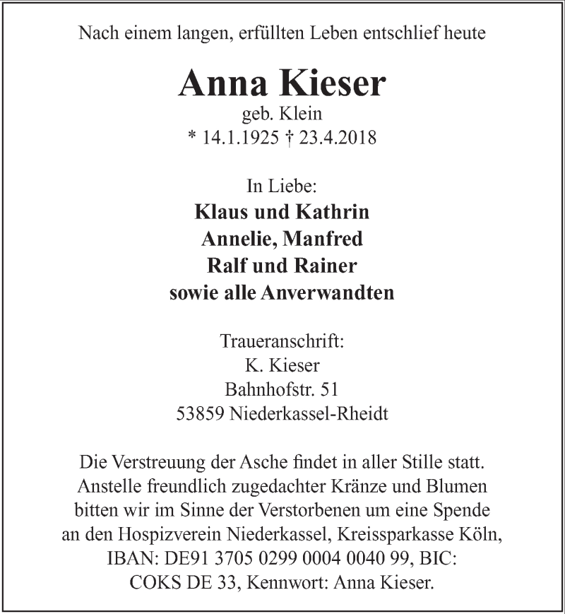 Traueranzeige für Anna Kieser vom 02.05.2018 aus  Extra Blatt 