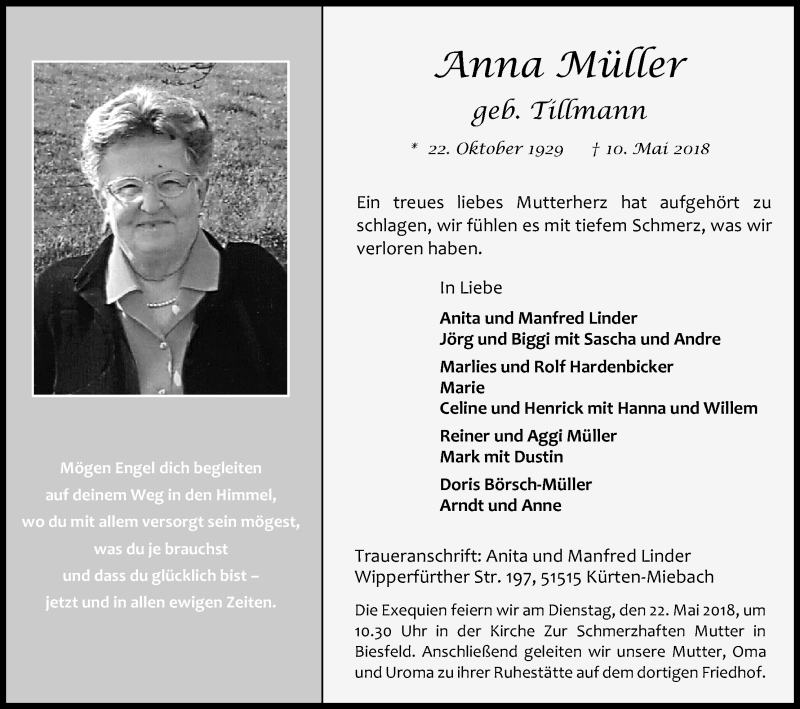  Traueranzeige für Anna Müller vom 16.05.2018 aus Kölner Stadt-Anzeiger / Kölnische Rundschau / Express