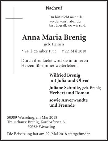 Anzeige von Anna Maria Brenig von  Schlossbote/Werbekurier 