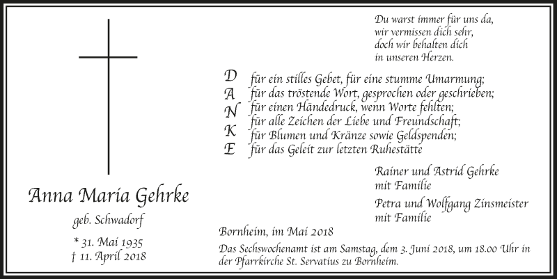  Traueranzeige für Anna Maria Gehrke vom 23.05.2018 aus  Schaufenster/Blickpunkt 