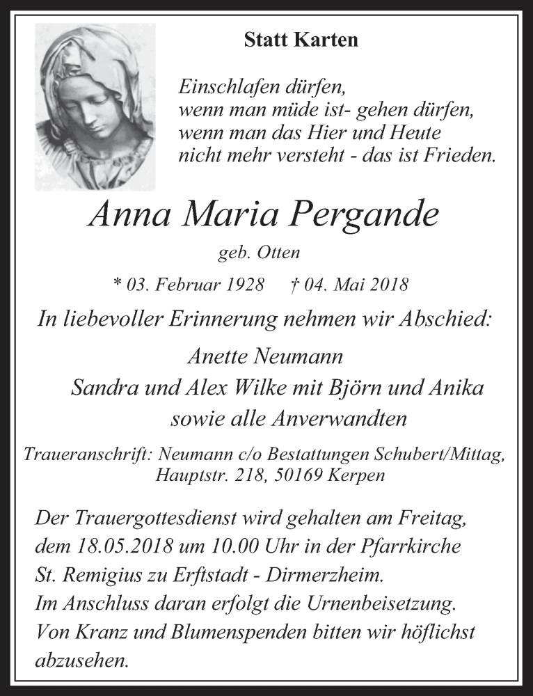  Traueranzeige für Anna Maria Pergande vom 16.05.2018 aus  Werbepost 