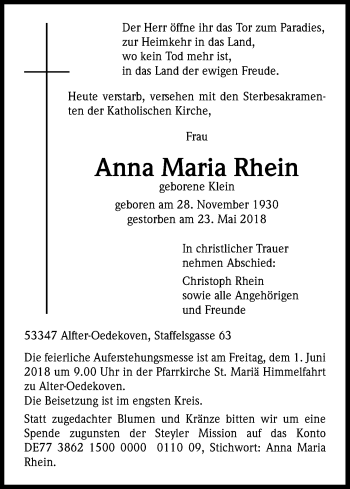 Anzeige von Anna Maria Rhein von Kölner Stadt-Anzeiger / Kölnische Rundschau / Express