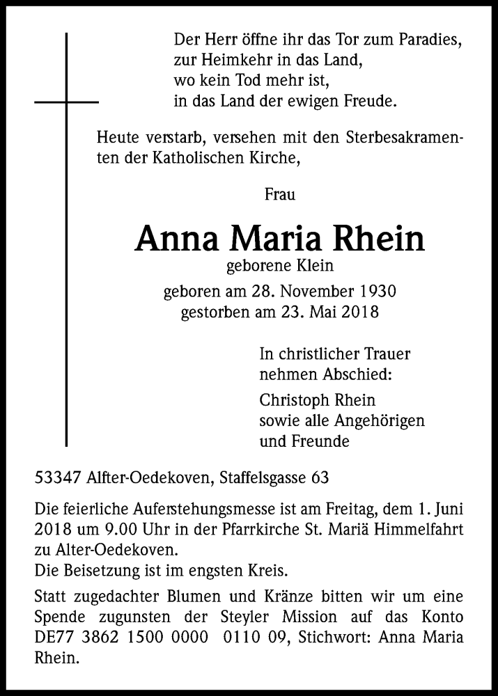  Traueranzeige für Anna Maria Rhein vom 28.05.2018 aus Kölner Stadt-Anzeiger / Kölnische Rundschau / Express