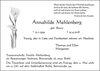 Anzeige von Annahilde Mehlenberg von  Schlossbote/Werbekurier 