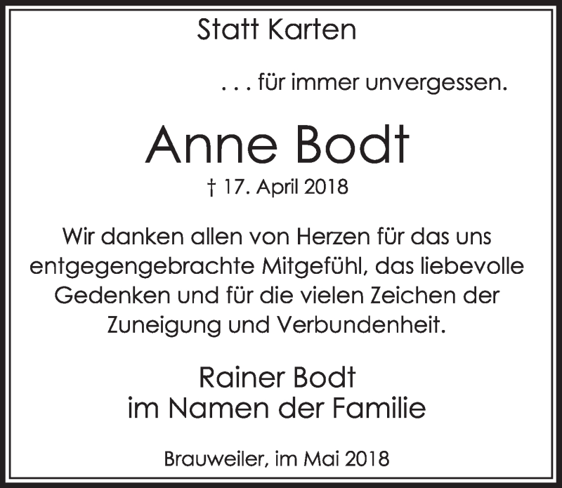  Traueranzeige für Anne Bodt vom 19.05.2018 aus  Sonntags-Post 