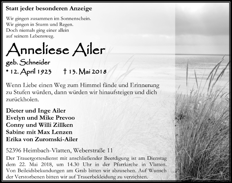  Traueranzeige für Anneliese Ailer vom 19.05.2018 aus  Blickpunkt Euskirchen 