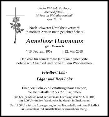 Anzeige von Anneliese Hammans von Kölner Stadt-Anzeiger / Kölnische Rundschau / Express