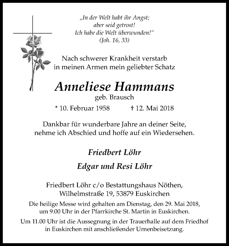  Traueranzeige für Anneliese Hammans vom 25.05.2018 aus Kölner Stadt-Anzeiger / Kölnische Rundschau / Express