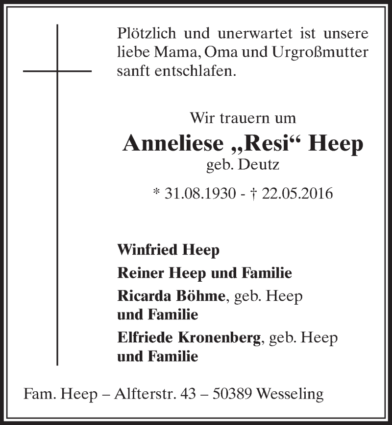  Traueranzeige für Anneliese  Heep vom 23.05.2018 aus  Schlossbote/Werbekurier 