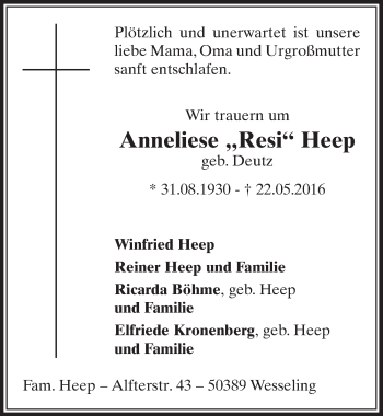 Anzeige von Anneliese  Heep von  Schlossbote/Werbekurier 