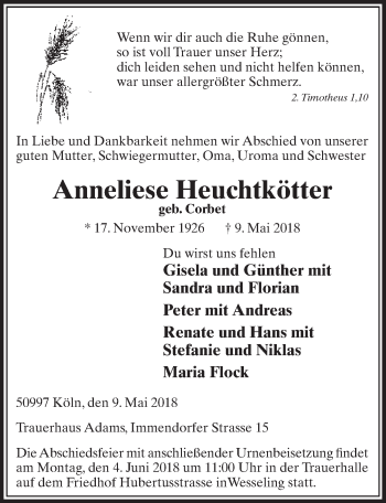 Anzeige von Anneliese Heuchtkötter von  Kölner Wochenspiegel 