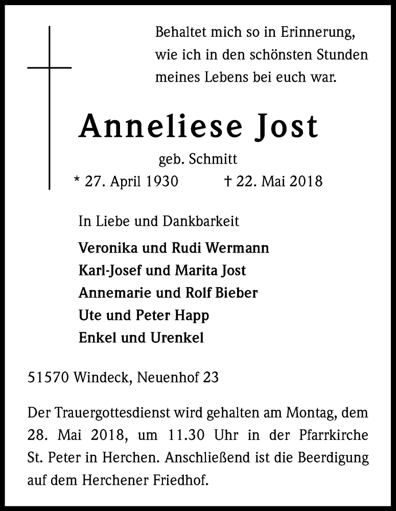  Traueranzeige für Anneliese Jost vom 26.05.2018 aus Kölner Stadt-Anzeiger / Kölnische Rundschau / Express