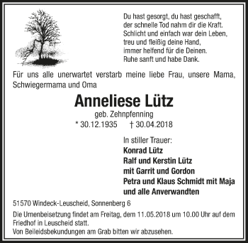 Anzeige von Anneliese Lütz von  Lokalanzeiger 