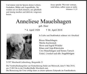 Anzeige von Anneliese Mauelshagen von Kölner Stadt-Anzeiger / Kölnische Rundschau / Express