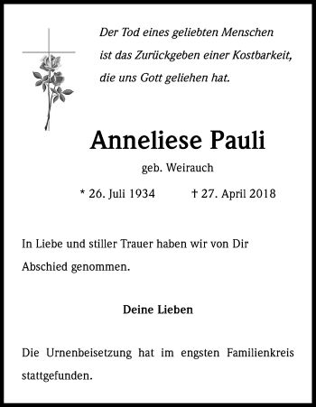 Anzeige von Anneliese Pauli von Kölner Stadt-Anzeiger / Kölnische Rundschau / Express