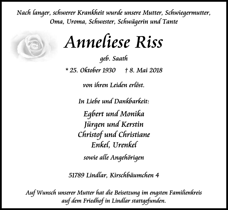  Traueranzeige für Anneliese Riss vom 26.05.2018 aus Kölner Stadt-Anzeiger / Kölnische Rundschau / Express