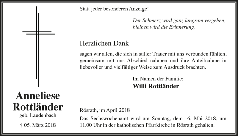  Traueranzeige für Anneliese Rottländer vom 02.05.2018 aus  Bergisches Handelsblatt 