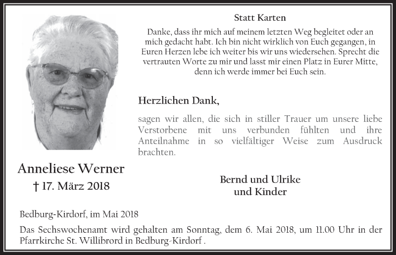  Traueranzeige für Anneliese Werner vom 02.05.2018 aus  Werbepost 