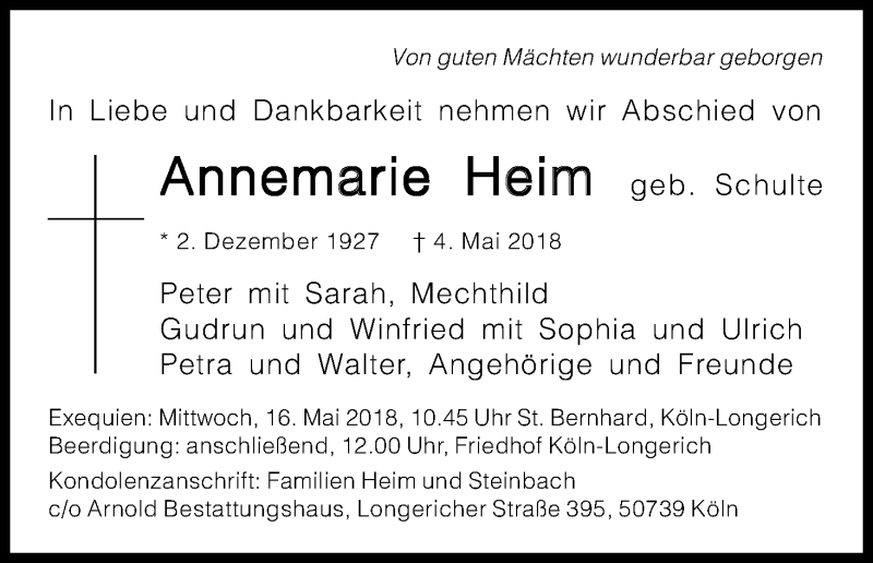  Traueranzeige für Annemarie Heim vom 12.05.2018 aus Kölner Stadt-Anzeiger / Kölnische Rundschau / Express