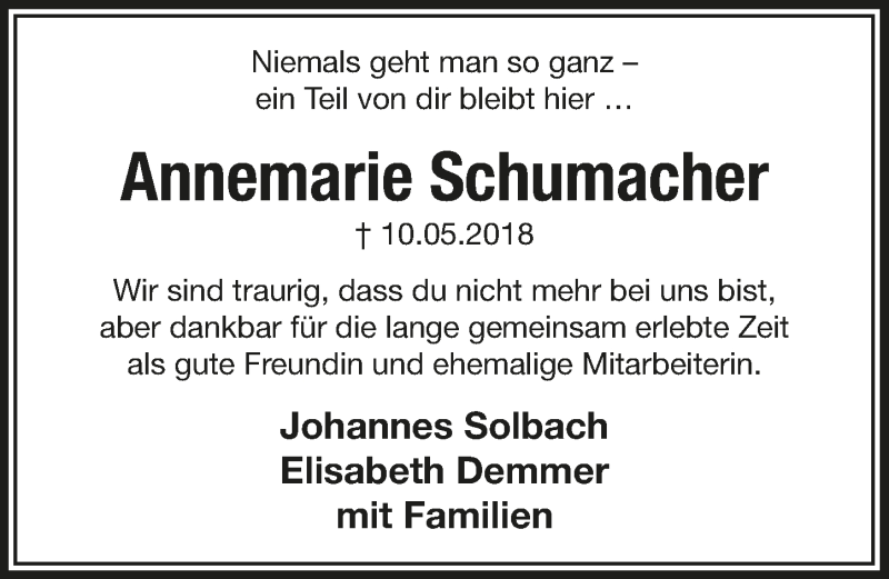  Traueranzeige für Annemarie Schumacher vom 16.05.2018 aus  Lokalanzeiger 